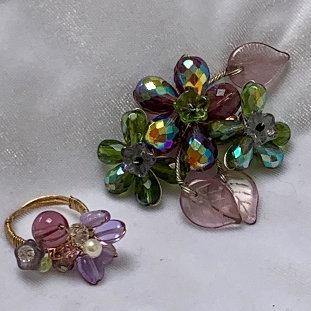 Pink  Violet Beaded Brooch, Matching Ring